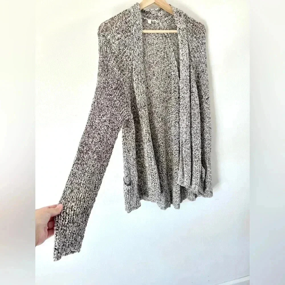 Eileen Fisher Grey & White Open Knit Drape Front Long Line Cotton Cardigan Large